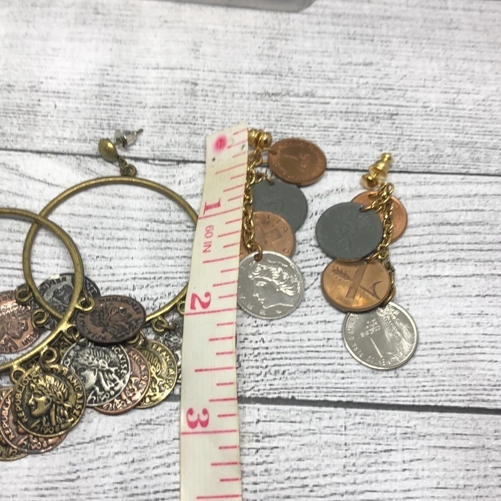 Curated bundle lot 2 coin charm boho style statement earrings long.